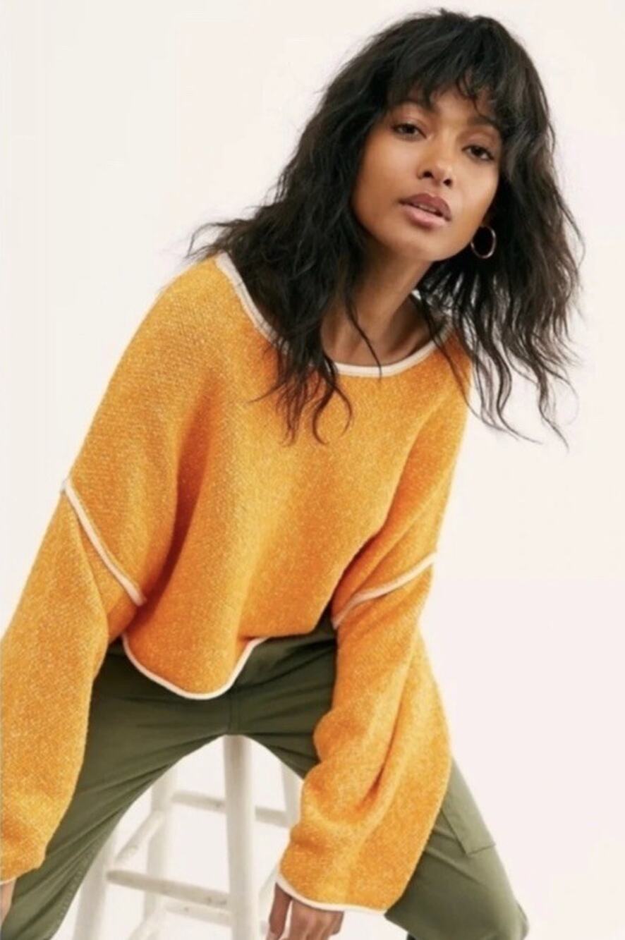 FREE PEOPLE Bardot Cropped Pullover Sweater Orange Peel Oversized Women's L